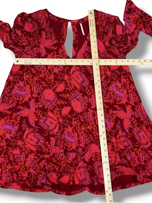 Free People Hello Lover Floral Ruched Puff Shoulder Tunic Mini Dress Red Small‎ thumbnail 12