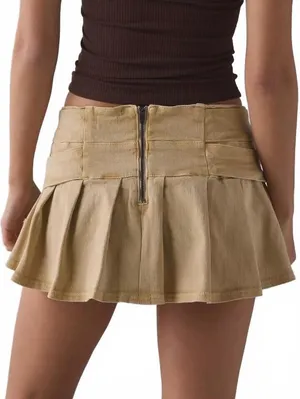 UO BDG Double Trouble Belted Denim Micro Mini Skort Urban Outfitters Tan/Beige L thumbnail 2