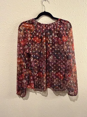 LOFT Sheer Floral V-Neck Blouse in Brown Multi thumbnail 3