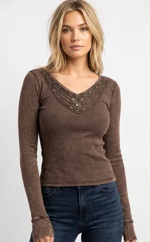 Small brown boho thermal top with floral hood thumbnail 1
