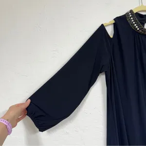 X by Xscape Blue Beaded Collar Formal Mini Dress Women 16 Babydoll Cold Shoulder thumbnail 6