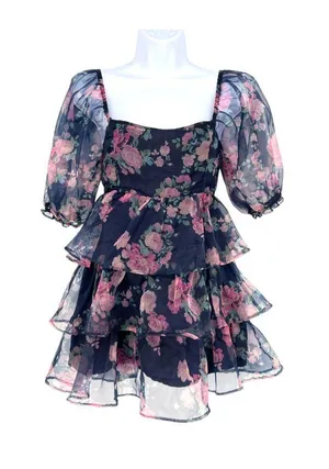 Altar'd State Coquette Babydoll Puff Sleeve Floral Mini Dress Size Medium thumbnail 1