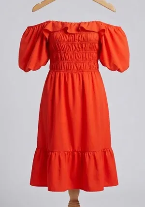 Quince 100% Organic Cotton Ruched Midi Dress in Vermilion Red thumbnail 1