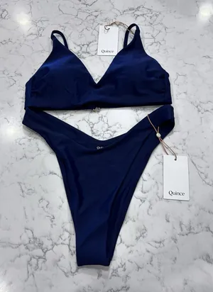 NWT Quince Deep Navy Italian V Neck Bikini Top & Dipped High Leg Bottom Medium thumbnail 1