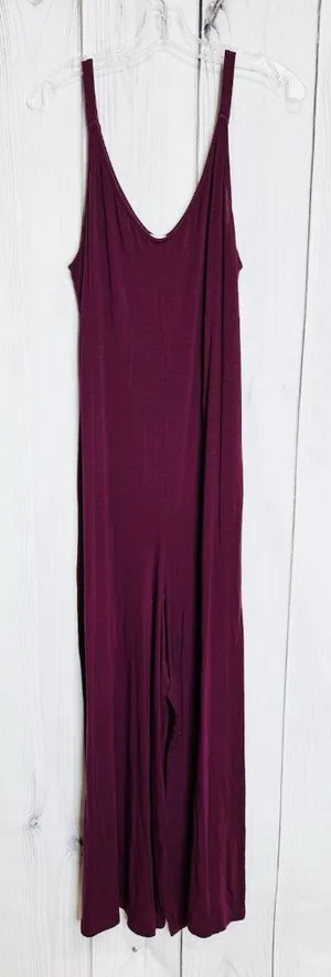 Athleta Nighttime Bliss V-Neck Romper Wide Leg Jumpsuit Deep Burgundy Sz L thumbnail 1