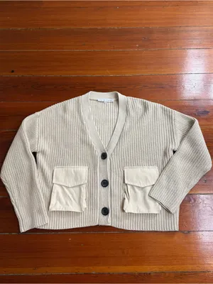 English Factory Cream Chunky Knit Utility Pocket V-Neck Cardigan XS 💛🍄 thumbnail 6