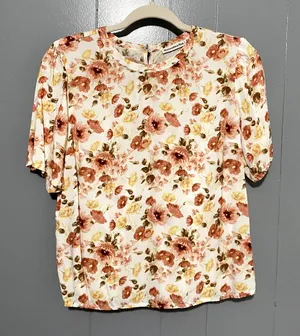 Abercrombie & Fitch Orange Floral Button Back Crewneck Short Sleeve Boxy Top M thumbnail 1