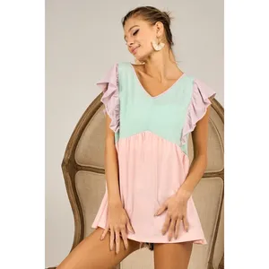 BiBi Triblend Color Block Ruffled Sleeve Babydoll Top - Mint/Lavender/Blush - M thumbnail 12