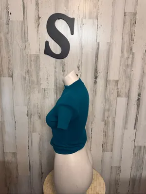 Popular Basics Popular 21 Seamless Ribbed Mock Neck Crop Top Womens S/M Teal Blue Short Sleeve thumbnail 5