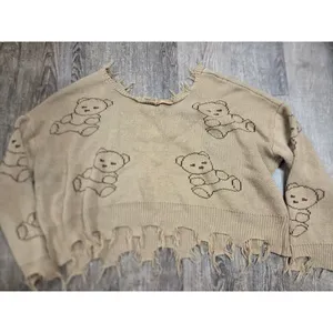 Just Polly Beige Brown Fringed Teddy Bear Cropped Pullover Sweater Women's Large thumbnail 4