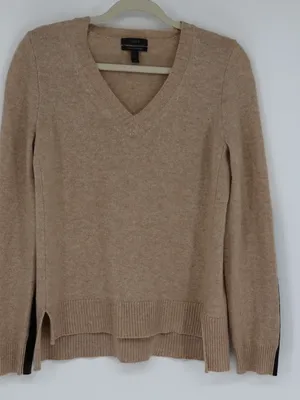 J.Crew Wool Cashmere V-Neck Sweater Small Tan Leather Sleeve Panels Tan thumbnail 1