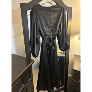 NEW BLACK Satin Long Sleeve Maxi Dress Formal Tie Wrap Skirt M thumbnail 2
