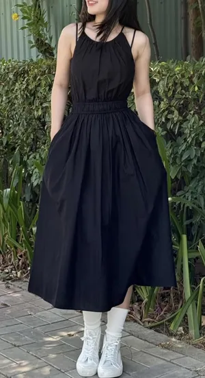 Uniqlo 100% Cotton Halter Neck Dress Black NWT Large thumbnail 1