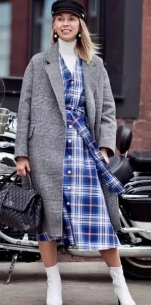 ZARA‎ Blue Plaid Taffeta Dress Belted Tie Waist Midi Buttondown Preppy Small thumbnail 1