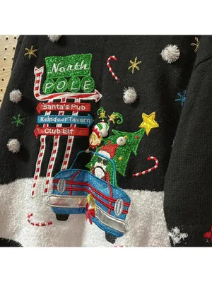 Holiday Time Christmas Santa And Elves Retro Ugly Tacky Sweater Glitter Quirky thumbnail 3