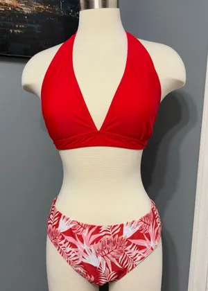 NWOT Women’s Random Tropical Print Red Lace Halter Neck Tie Back Bikini, XL thumbnail 1