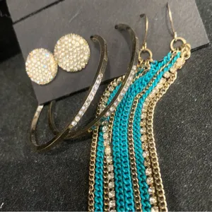 bebe Boho Retro Earring Set Hoop Studs Dangle Blue and Silver with Crystals New thumbnail 5