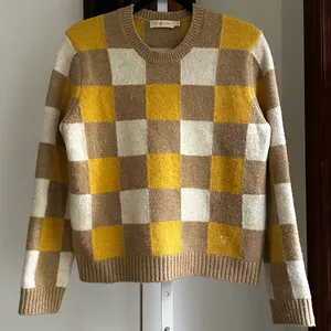 Tory Burch T6465 Intarsia Check Sweater Yellow Camel Ivory Size M thumbnail 3