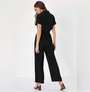 Lulus - Laidback Living Black Button-Front Short Sleeve Jumpsuit thumbnail 3