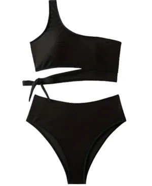 Chic One Shoulder Black Asymmetric Bikini Set Adjustable Tie Side Medium Stretch Size Xl thumbnail 1