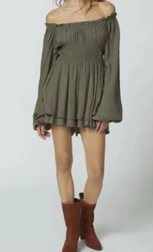 #13 NWOT Urban Outfitters Clip Dot Smocked Long Sleeve Romper in Olive thumbnail 1