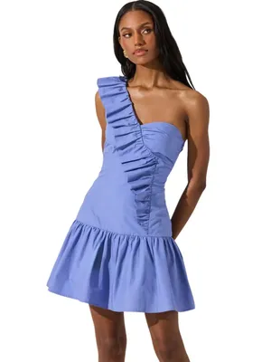 ASTR The Label One Shoulder Ruffle Mini Dress Womens Large Cobalt Blue Chic NWOT thumbnail 3