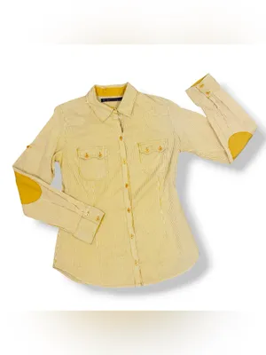 Zara TRF Striped Elbow Patch Western Style Button Up Shirt Yellow Medium thumbnail 10