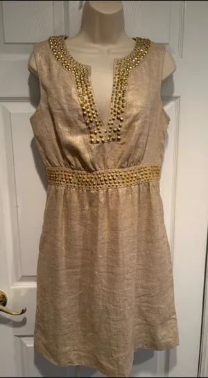 Kate‎ Spade New York Gold Metallic Linen Studded Sheath Dress NJMU1225 Womens 4 thumbnail 1