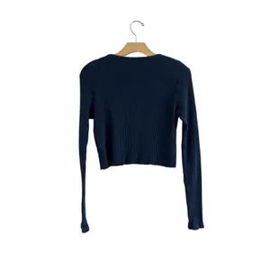 Brandy Melville Navy Ribbed Crop Sweater‎ Raw Hem V Neck Cotton Top OS thumbnail 2