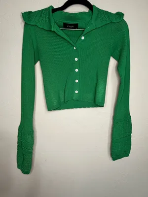 Cider Kelly Green‎ Ribbed Cropped Button-Up Exaggerated Cuff Cardigan Sweater thumbnail 2