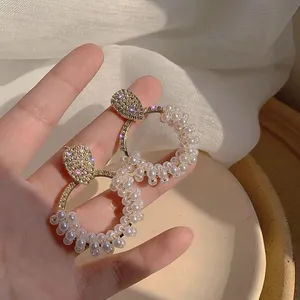 Sparkly Pearl Hoop Earrings Gold Rhinestone Teardrop Studs Elegant Statement new thumbnail 1