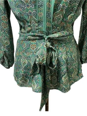 Max Studio Green Paisley Tie Front Peplum Blouse Size Small | Smocked Back V-Nec thumbnail 6