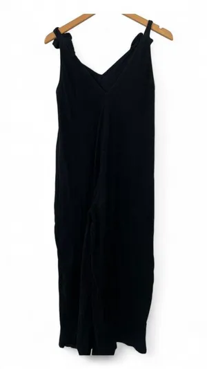 ZARA | M | Double V-Neck Tie Shoulder Wide Leg Black 100% Cotton Lounge Jumpsuit thumbnail 5