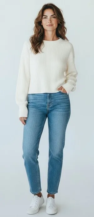 Lulus Womens Ribbed Cropped Knit Sweater Cream White Long Sleeve‎ Size L thumbnail 1