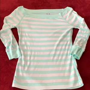 Three Dots Mint Green White Stripe Boat Neck 3/4 Sleeve Top Medium thumbnail 1