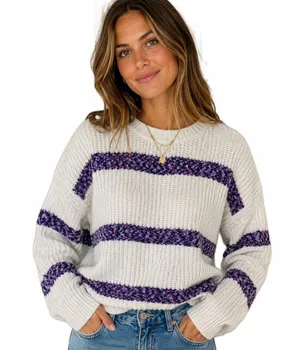 Blush & Bloom Women’s M Ivory Chunky Knit Purple Stripe Oversized Cozy Sweater thumbnail 1