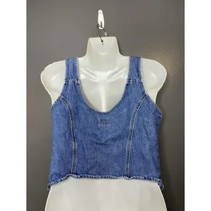 Levi's Tank Top Womens Medium Blue Denim Button Front Buckle Strap Cropped thumbnail 4