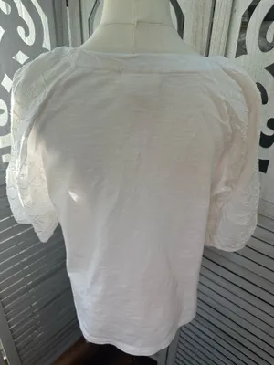 Maeve White Short Sleeve Scoop Neck Top with Embroidered Puff Sleeves Size S thumbnail 9