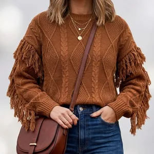 Pink Lily Fringe Sleeve Cable Knit Sweater Brown M Western Boho Fall Cowgirl Top thumbnail 1