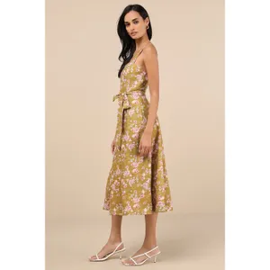 NWT Lulus Sunny Posture Chartreuse Floral Sleeveless Midi Dress Resort Size S thumbnail 3