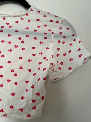 SKIMS White Red Heart Print Sheer Mesh Fits Everybody Picot Crop Tee Small thumbnail 2