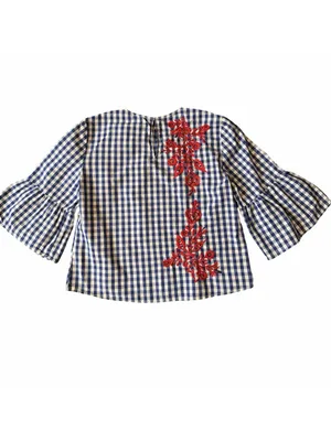 Zara Sz S Embroidered Gingham Checked Blouse Bell Sleeve Blue Red Statement Top thumbnail 2