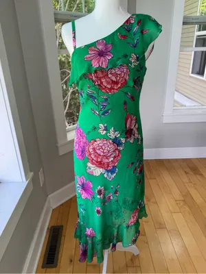Roz & Ali Emerald Green Floral Asymmetrical One Shoulder Dress Size 6 thumbnail 11