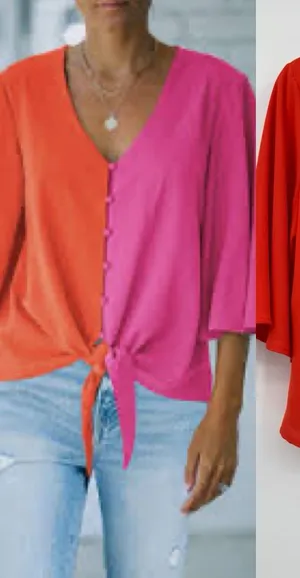 Hot Pink Orange Blouse V Neck Button Down Tie Knot Front Bell Sleeves Small Top thumbnail 1