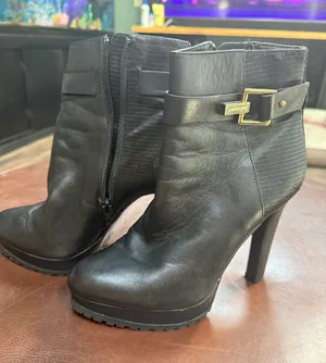 Gianni Bini Black Leather Platform Stiletto Ankle Boots with Gold Buckle thumbnail 1