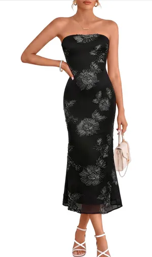 OYS Black Floral Strapless Mesh Bodycon Maxi Dress XL Wedding Guest NWOT thumbnail 1