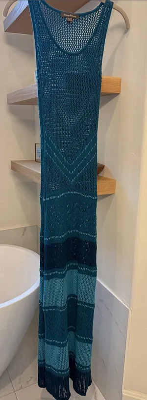 Tommy Bahama Teal blue maxi dress with silk sheath underneath. thumbnail 1