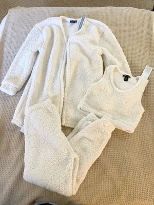 White Plush fur teddy comfy warm Lounge top pants cardigan loungewear set thumbnail 6