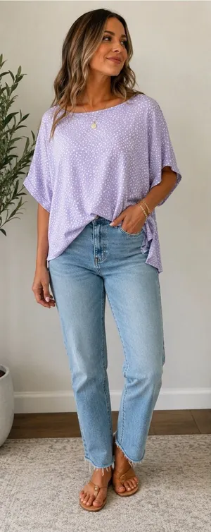 ODDI Women’s M/L Lavender White Abstract Print Oversized Dolman Top thumbnail 1
