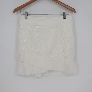 Naked Wardrobe White Sequin Floral Lace Pleated Ruffle Mini Skirt L thumbnail 2